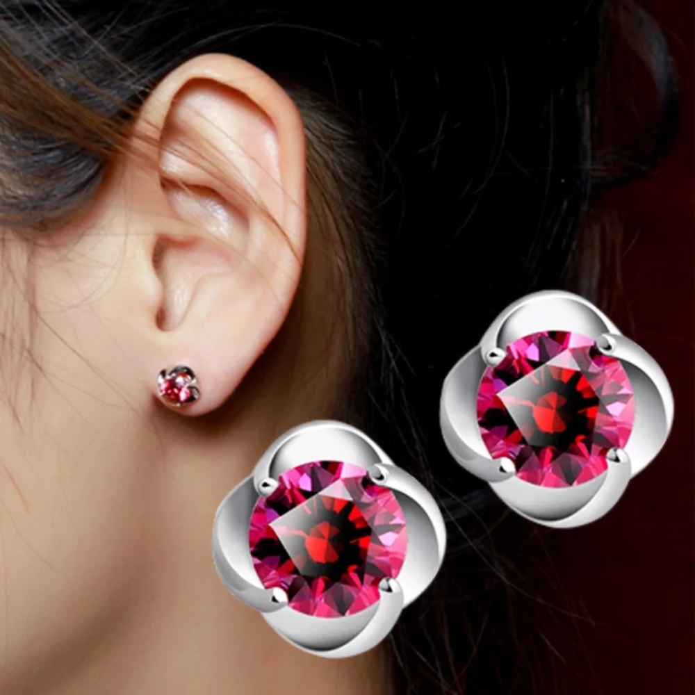 NEW 925 Silver Round Pink Sapphire Stud Earrings - Picture 5 of 12